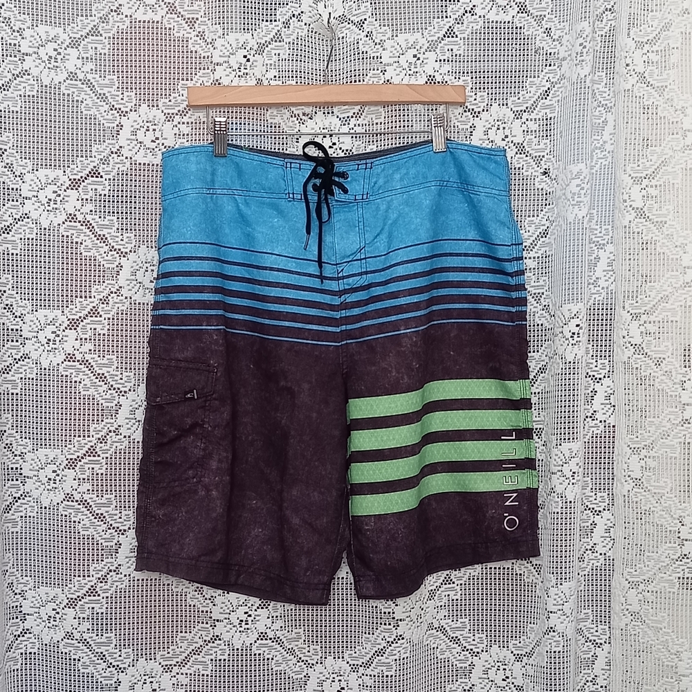 O'NEILL Men’s Board Surf Shorts Swim Trunks Striped Blk Blue 11" Inseam Size 36